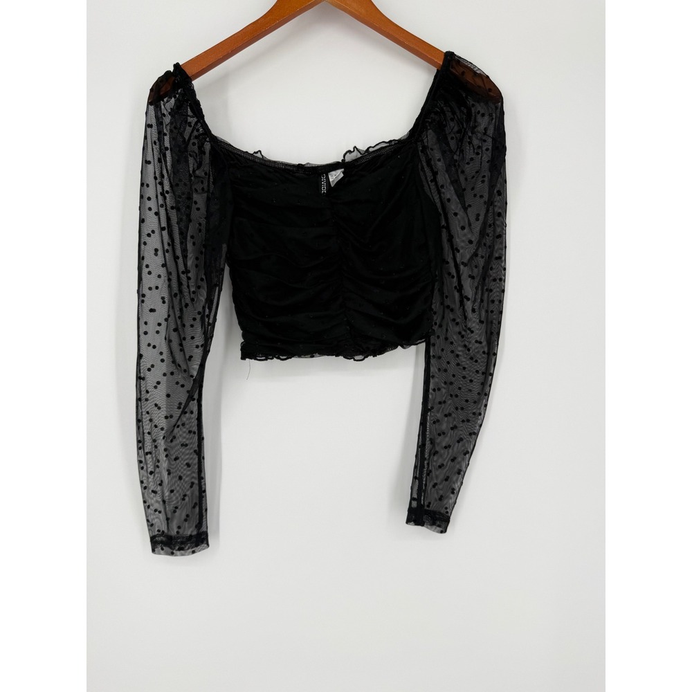 H&M Divided Women Crop Top Medium Black Swiss Dot Sheer Mesh Ruched Goth Party
